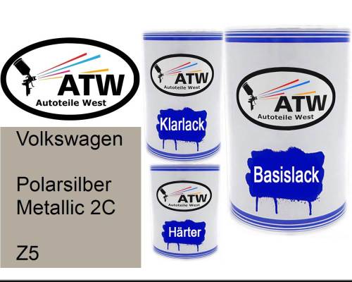 Volkswagen, Polarsilber Metallic 2C, Z5: 500ml Lackdose + 500ml Klarlack + 250ml Härter - Set, von ATW Autoteile West.